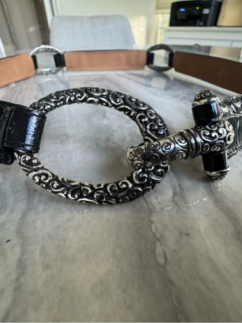 Brighton Black Croc Embossed Leather Ornate Link Belt - Size 38 - Picture 8 of 11